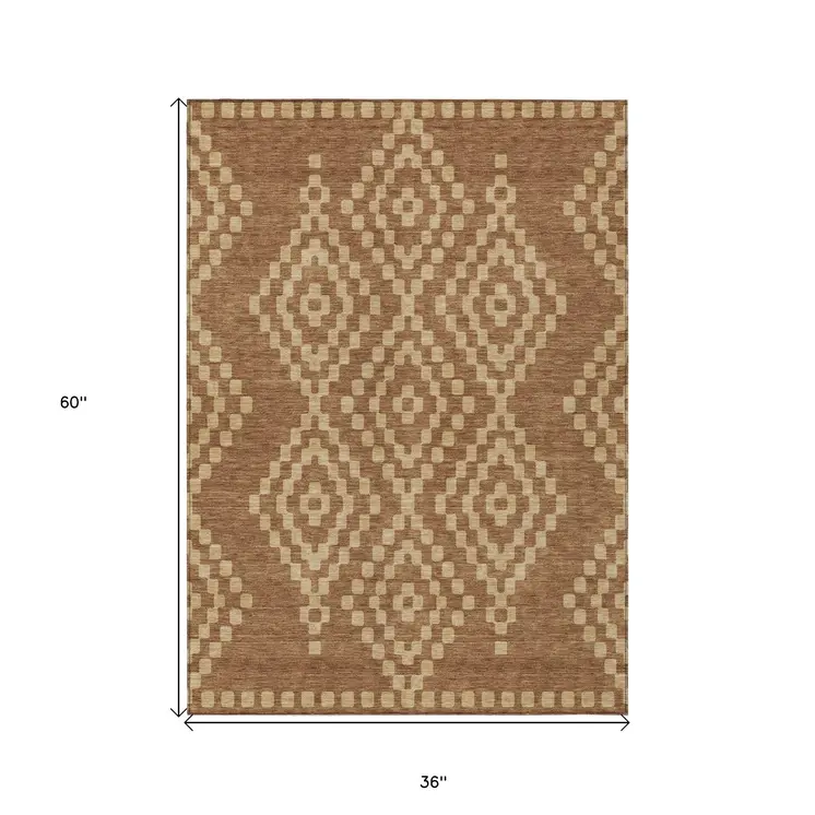 3' X 5' Brown And Beige Geometric Washable Indoor Outdoor Area Rug