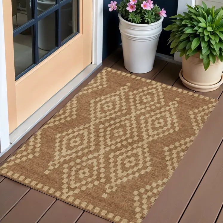 3' X 5' Brown And Beige Geometric Washable Indoor Outdoor Area Rug