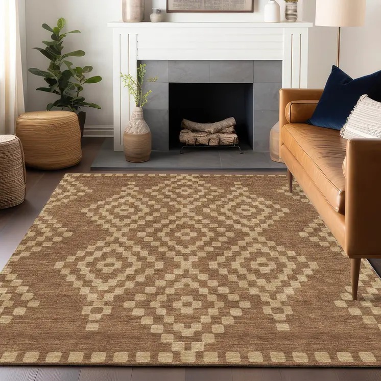 3' X 5' Brown And Beige Geometric Washable Indoor Outdoor Area Rug