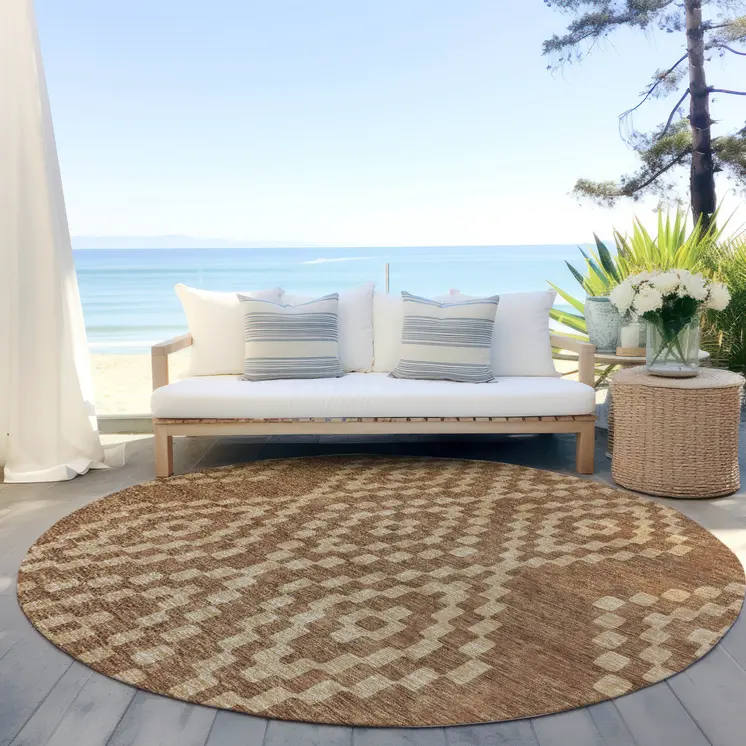 8' Brown And Beige Round Geometric Washable Indoor Outdoor Area Rug