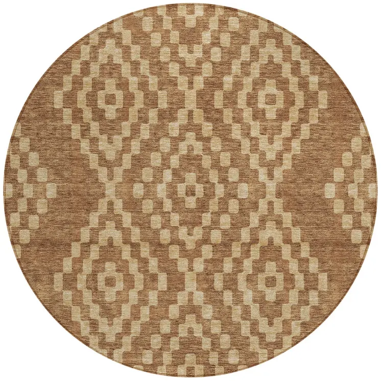 8' Brown And Beige Round Geometric Washable Indoor Outdoor Area Rug