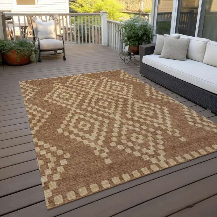 8' X 10' Brown And Beige Geometric Washable Indoor Outdoor Area Rug