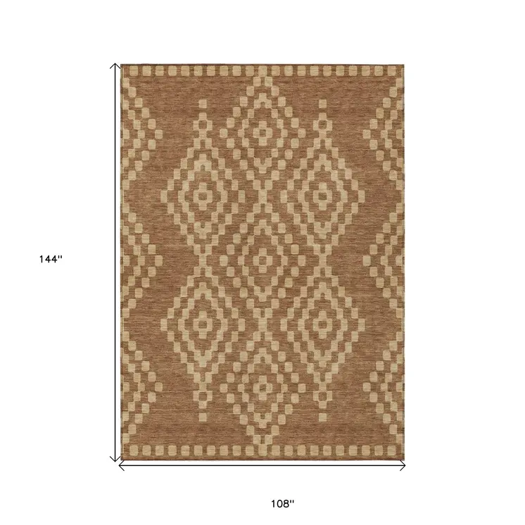 9' X 12' Brown And Beige Geometric Washable Indoor Outdoor Area Rug