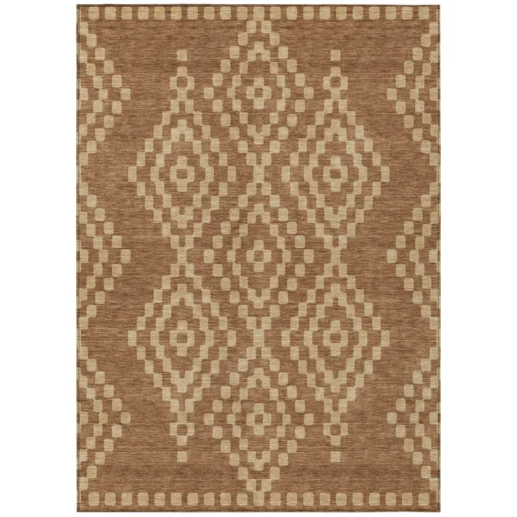 10' X 14' Brown And Beige Geometric Washable Indoor Outdoor Area Rug