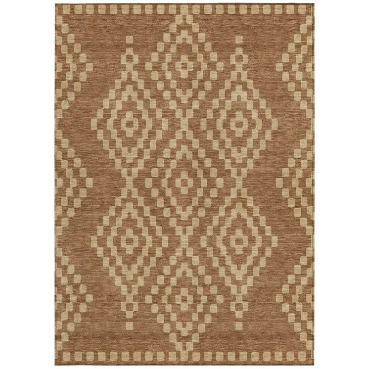 10' X 14' Brown And Beige Geometric Washable Indoor Outdoor Area Rug