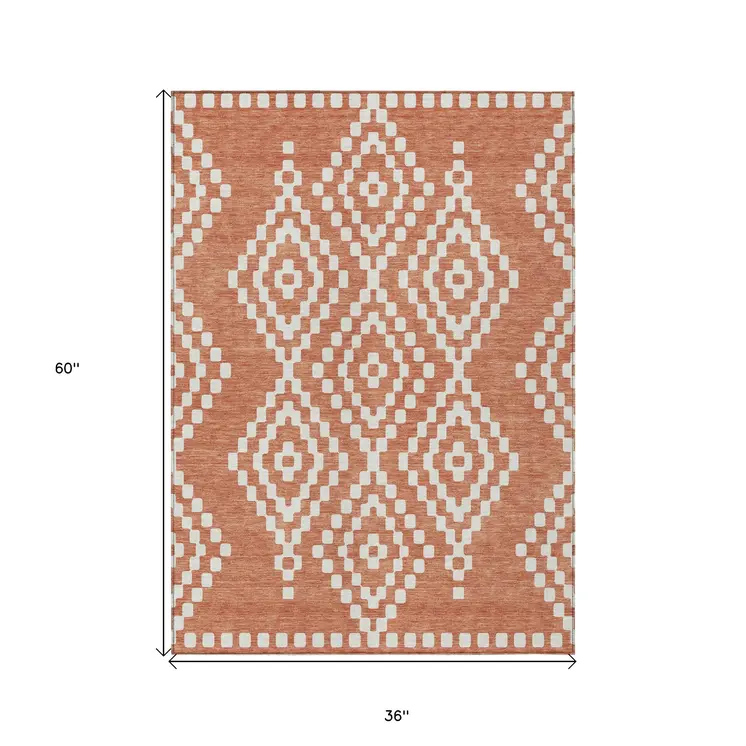 3' X 5' Salmon And Ivory Geometric Washable Indoor Outdoor Area Rug