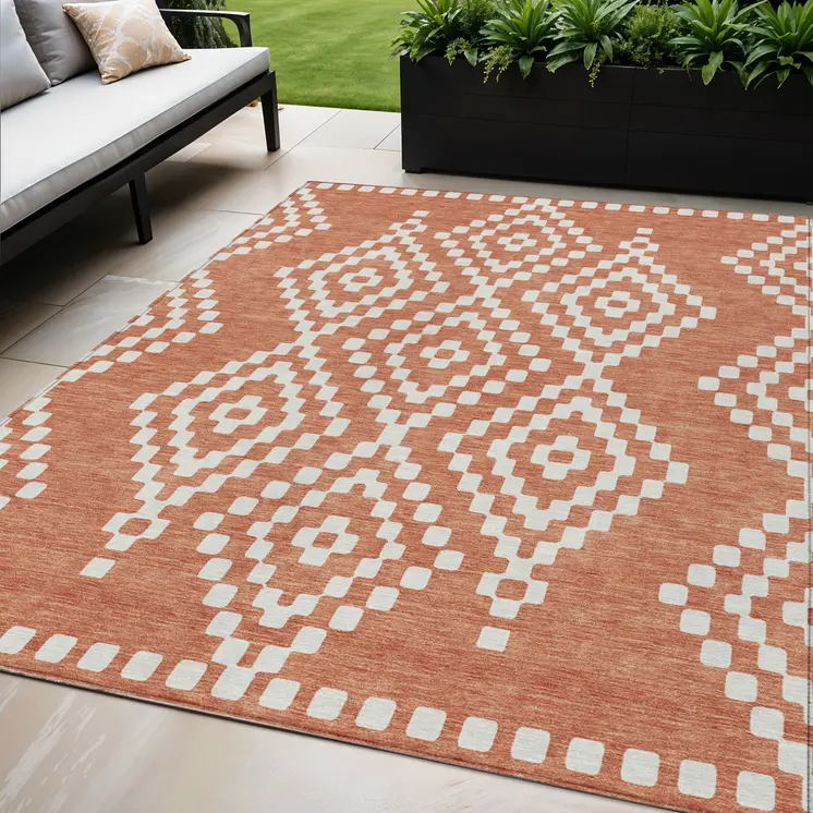 5' X 8' Salmon And Ivory Geometric Washable Indoor Outdoor Area Rug