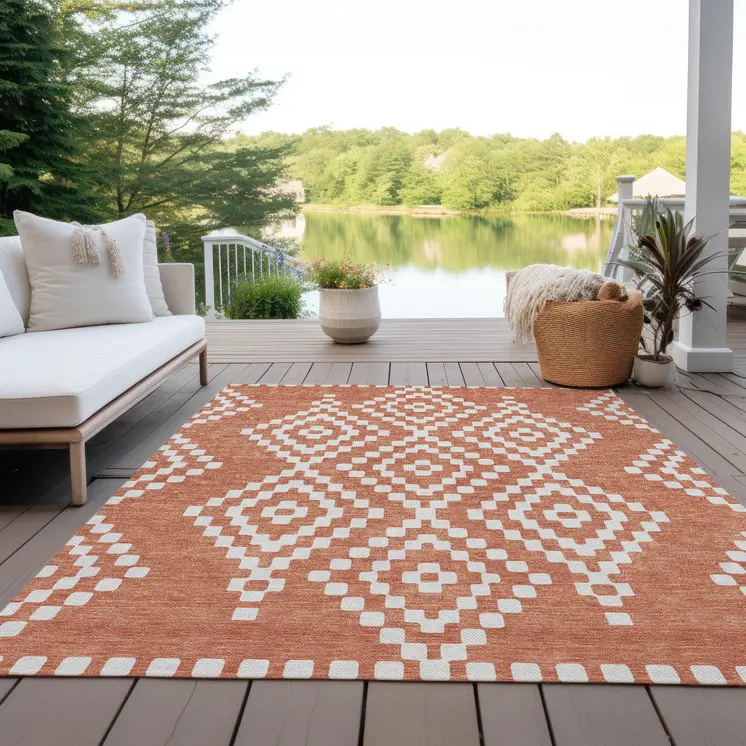 5' X 8' Salmon And Ivory Geometric Washable Indoor Outdoor Area Rug