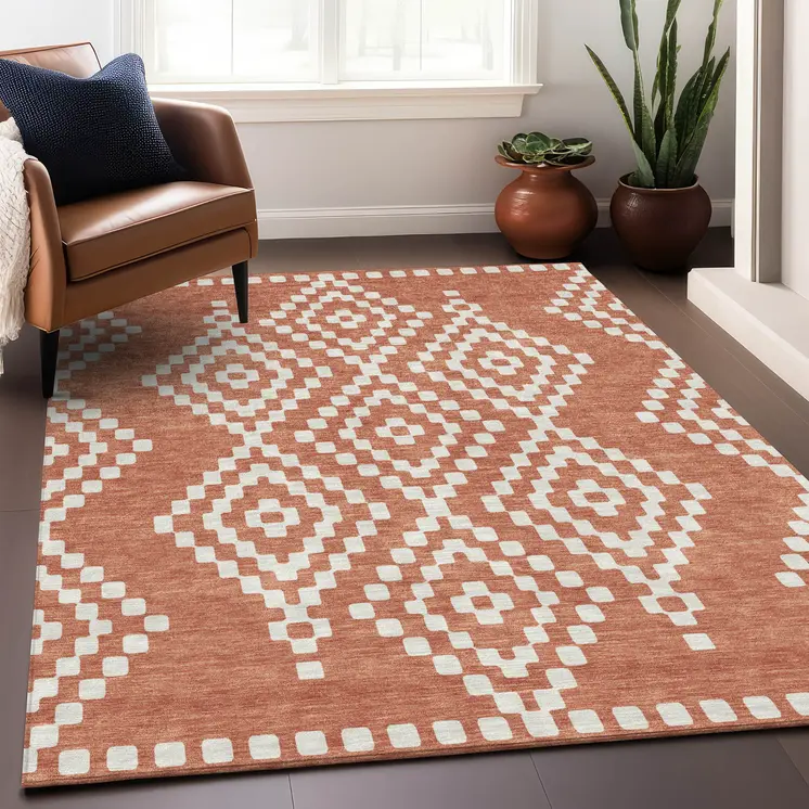 5' X 8' Salmon And Ivory Geometric Washable Indoor Outdoor Area Rug