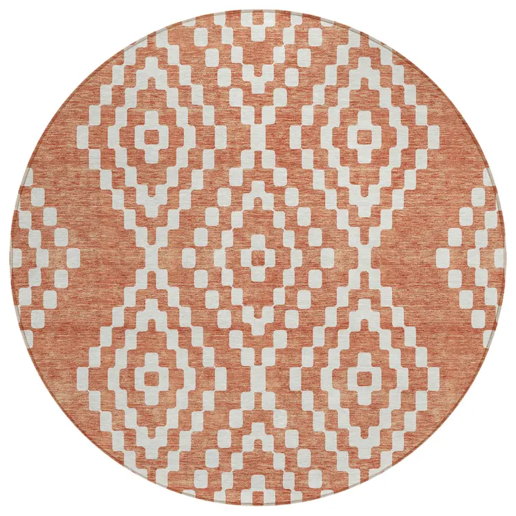 8' Salmon And Ivory Round Geometric Washable Indoor Outdoor Area Rug