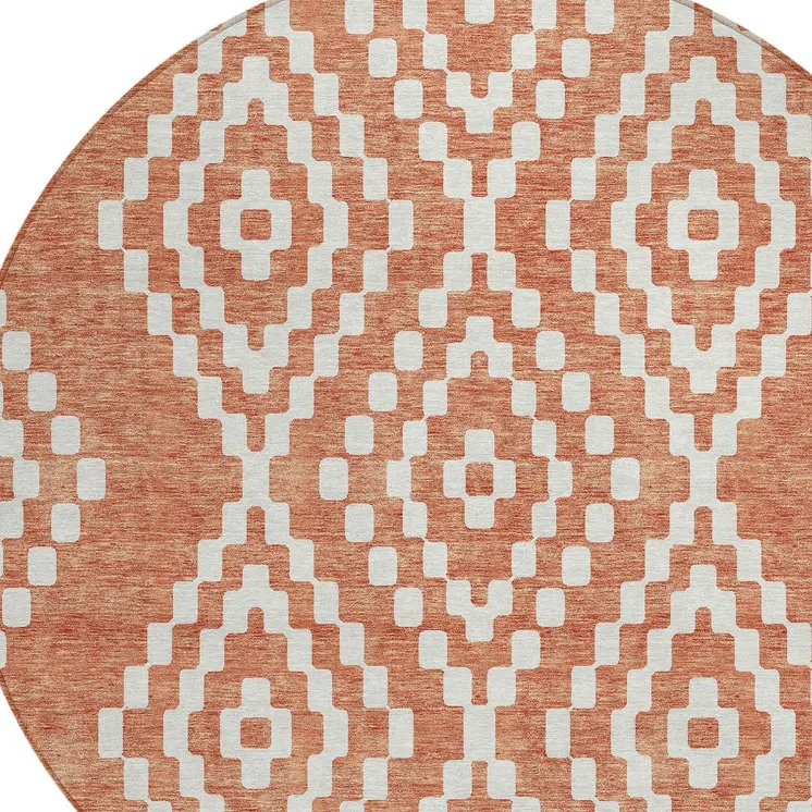 8' Salmon And Ivory Round Geometric Washable Indoor Outdoor Area Rug