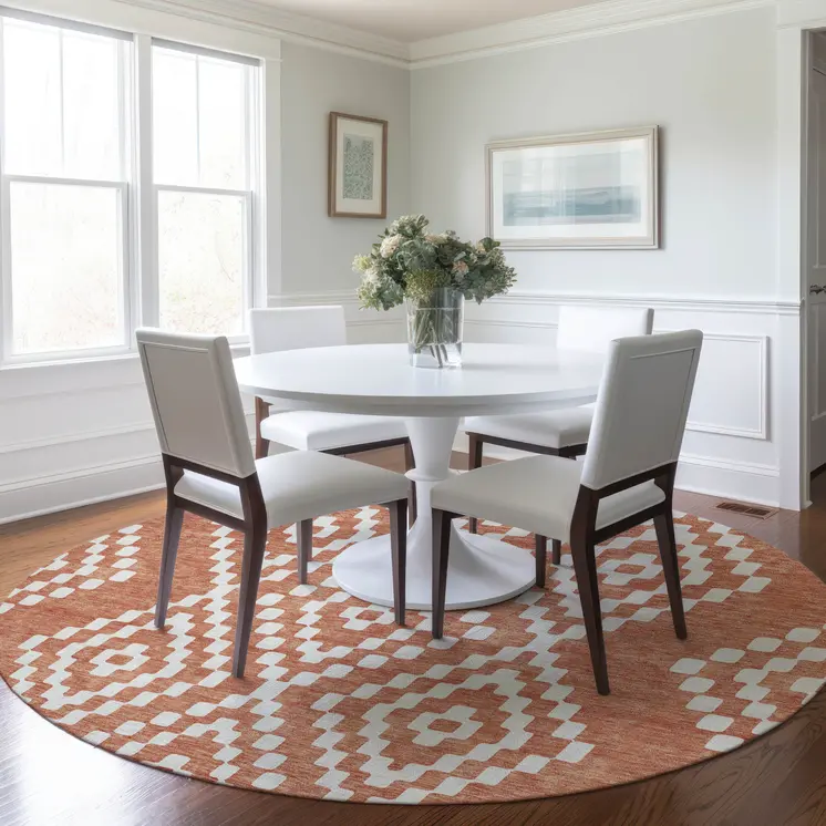 8' Salmon And Ivory Round Geometric Washable Indoor Outdoor Area Rug