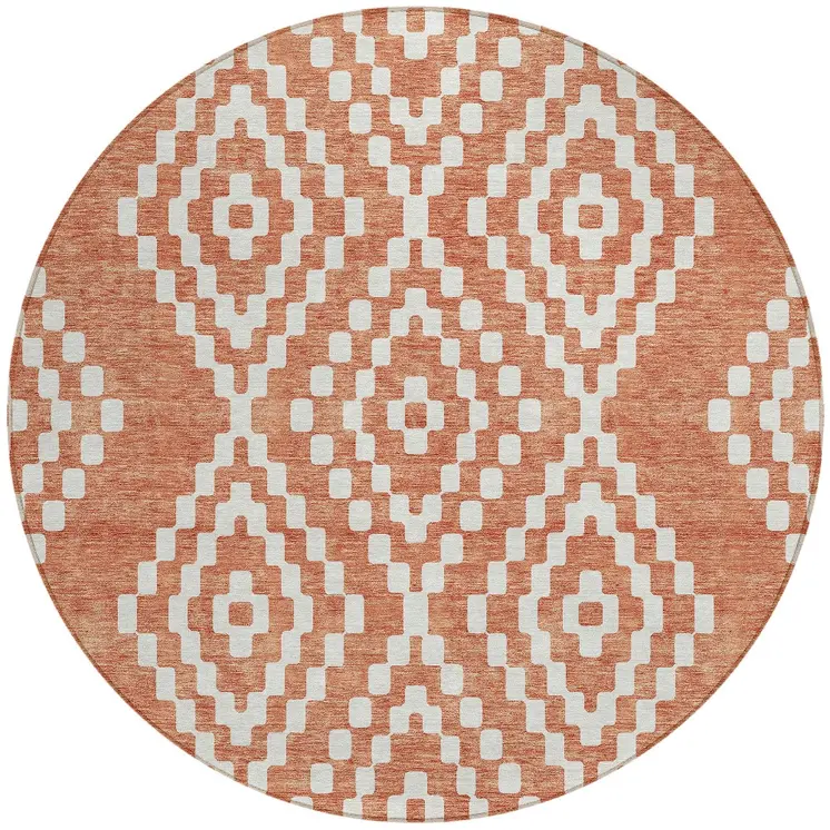 8' Salmon And Ivory Round Geometric Washable Indoor Outdoor Area Rug