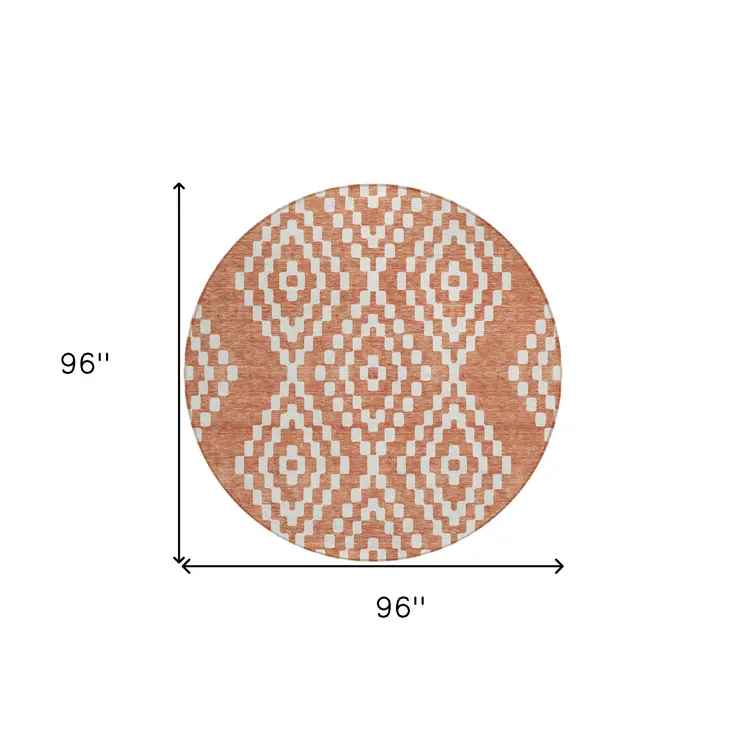 8' Salmon And Ivory Round Geometric Washable Indoor Outdoor Area Rug