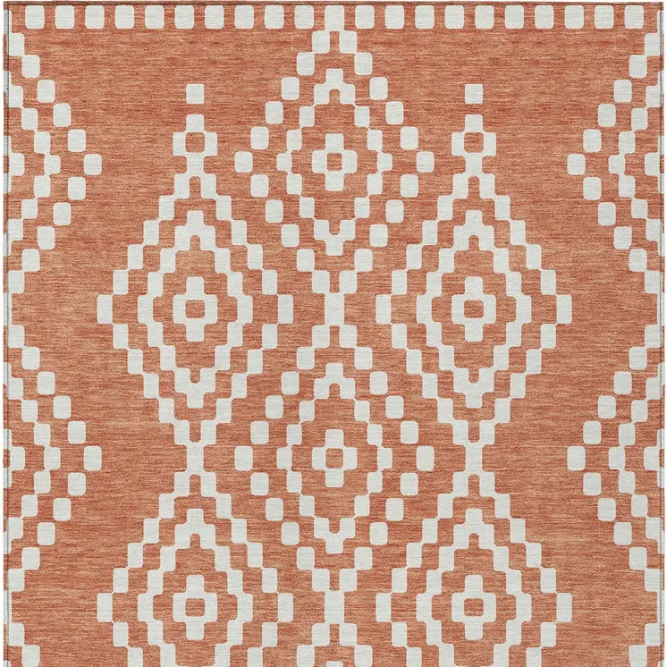 9' X 12' Salmon And Ivory Geometric Washable Indoor Outdoor Area Rug