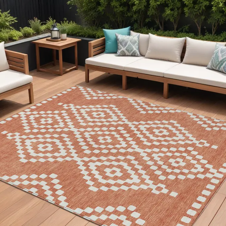 9' X 12' Salmon And Ivory Geometric Washable Indoor Outdoor Area Rug