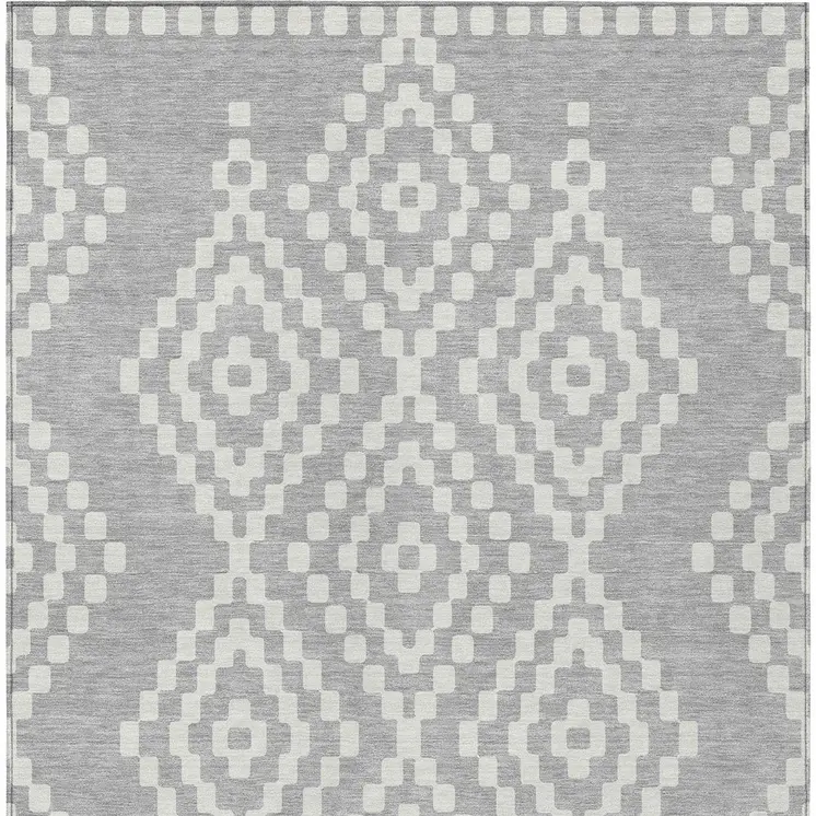 3' X 5' Silver And Ivory Geometric Washable Indoor Outdoor Area Rug