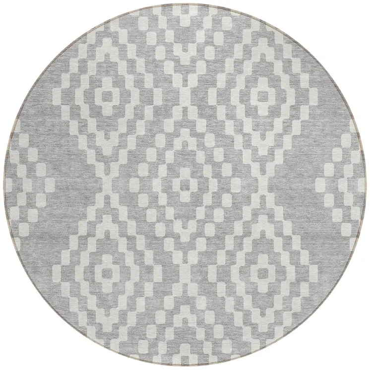 8' Silver And Ivory Round Geometric Washable Indoor Outdoor Area Rug