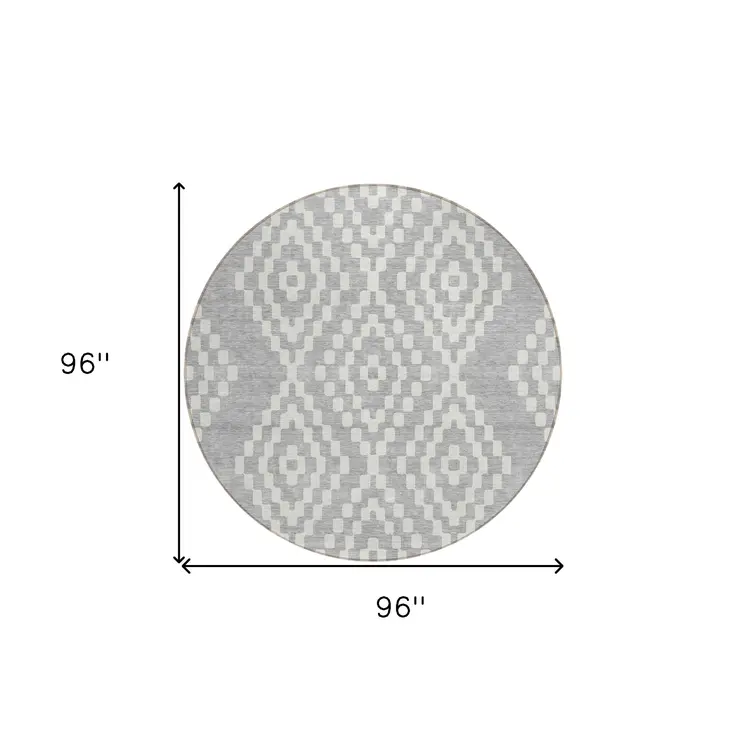 8' Silver And Ivory Round Geometric Washable Indoor Outdoor Area Rug