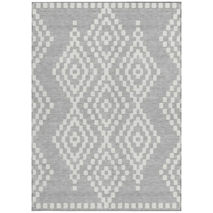9' X 12' Silver And Ivory Geometric Washable Indoor Outdoor Area Rug