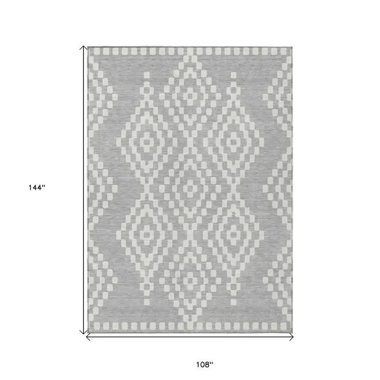 9' X 12' Silver And Ivory Geometric Washable Indoor Outdoor Area Rug