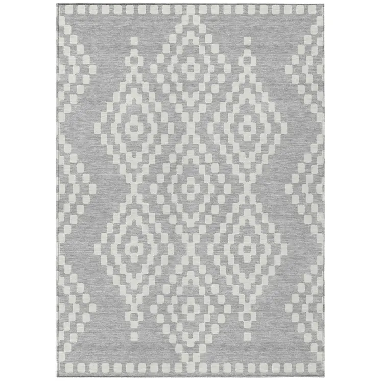 9' X 12' Silver And Ivory Geometric Washable Indoor Outdoor Area Rug