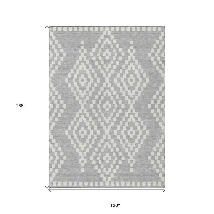 10' X 14' Silver And Ivory Geometric Washable Indoor Outdoor Area Rug