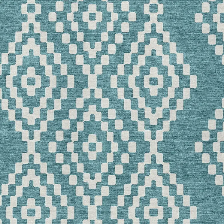 3' X 5' Teal Blue And Ivory Geometric Washable Indoor Outdoor Area Rug