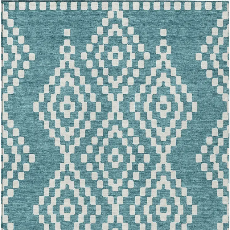 5' X 8' Teal Blue And Ivory Geometric Washable Indoor Outdoor Area Rug