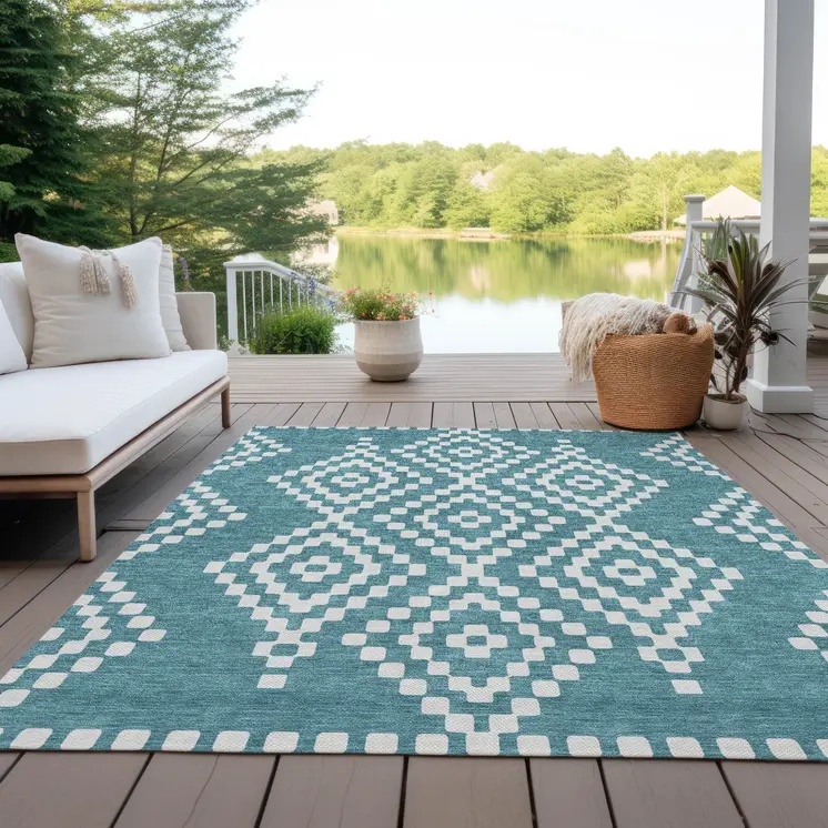5' X 8' Teal Blue And Ivory Geometric Washable Indoor Outdoor Area Rug