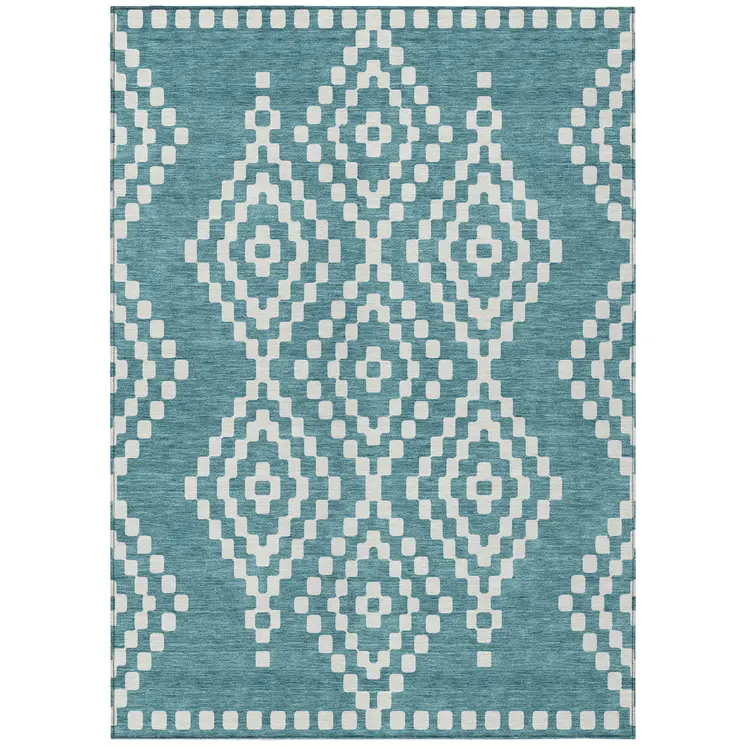 5' X 8' Teal Blue And Ivory Geometric Washable Indoor Outdoor Area Rug