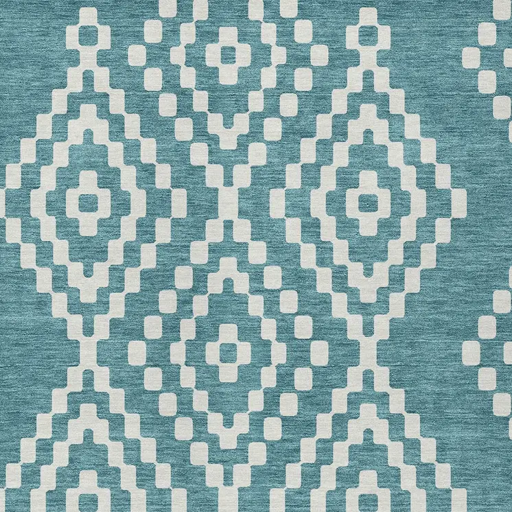 5' X 8' Teal Blue And Ivory Geometric Washable Indoor Outdoor Area Rug