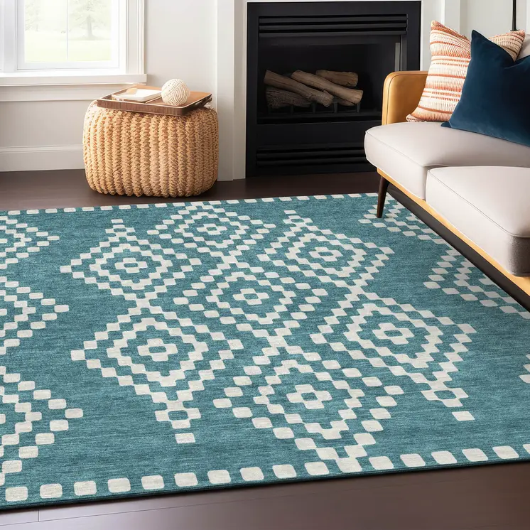 5' X 8' Teal Blue And Ivory Geometric Washable Indoor Outdoor Area Rug