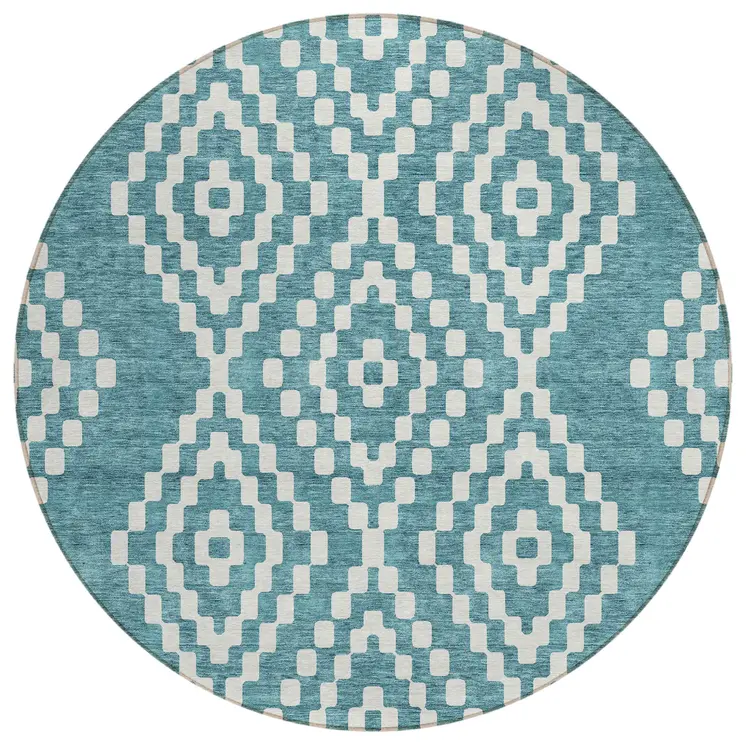 8' Teal Blue And Ivory Round Geometric Washable Indoor Outdoor Area Rug