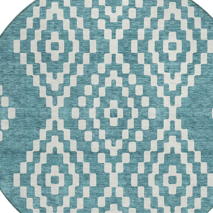 8' Teal Blue And Ivory Round Geometric Washable Indoor Outdoor Area Rug