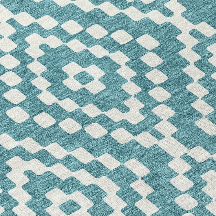 8' Teal Blue And Ivory Round Geometric Washable Indoor Outdoor Area Rug