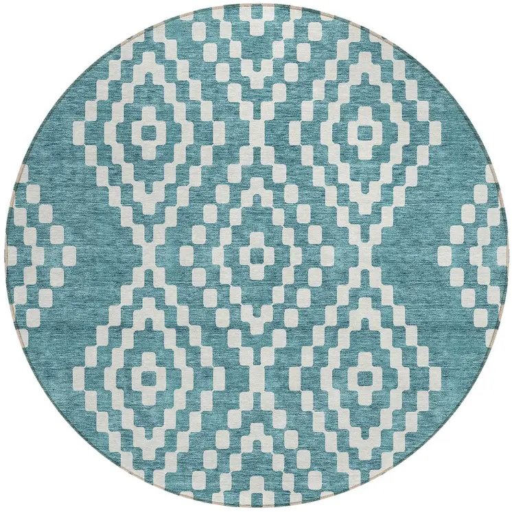 8' Teal Blue And Ivory Round Geometric Washable Indoor Outdoor Area Rug