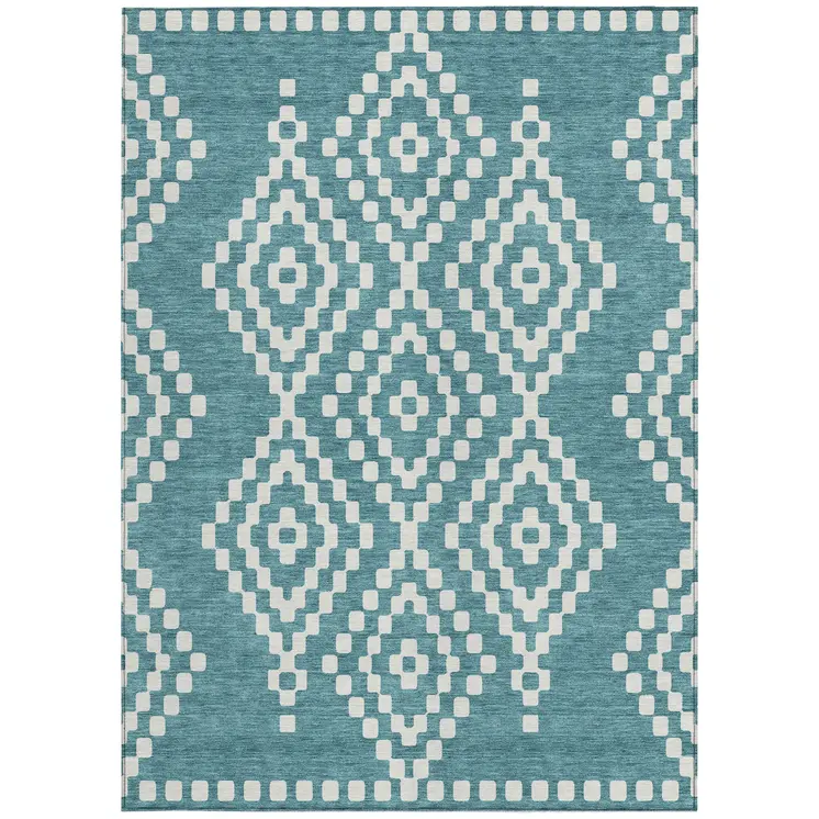 8' X 10' Teal Blue And Ivory Geometric Washable Indoor Outdoor Area Rug