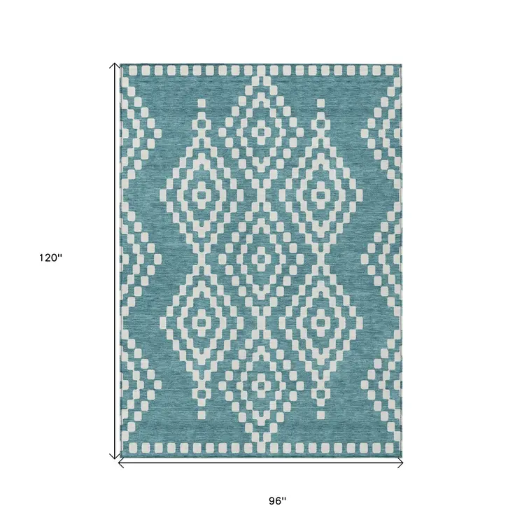 8' X 10' Teal Blue And Ivory Geometric Washable Indoor Outdoor Area Rug