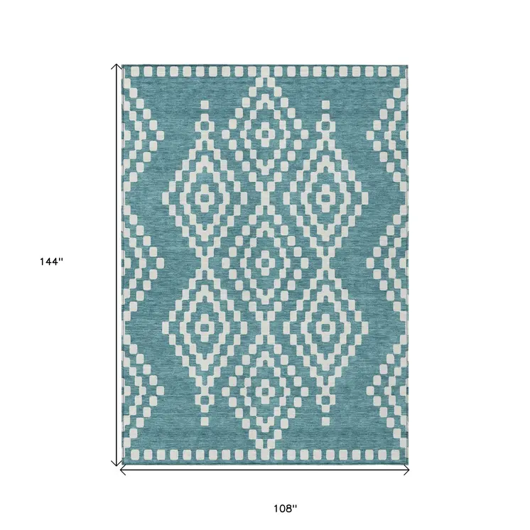9' X 12' Teal Blue And Ivory Geometric Washable Indoor Outdoor Area Rug