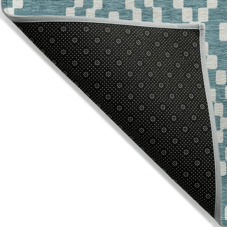 9' X 12' Teal Blue And Ivory Geometric Washable Indoor Outdoor Area Rug