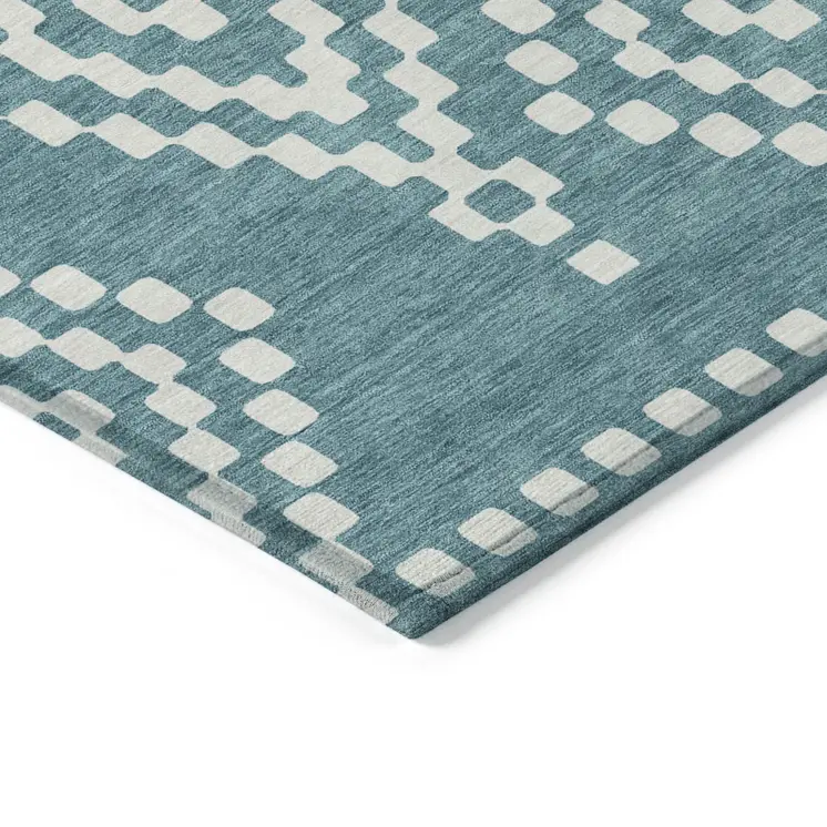 9' X 12' Teal Blue And Ivory Geometric Washable Indoor Outdoor Area Rug