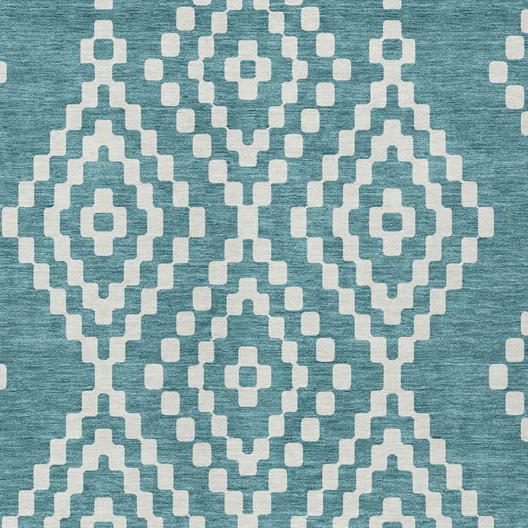 9' X 12' Teal Blue And Ivory Geometric Washable Indoor Outdoor Area Rug