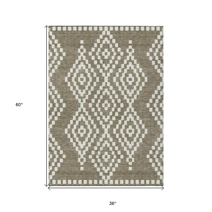 3' X 5' Taupe And Ivory Geometric Washable Indoor Outdoor Area Rug