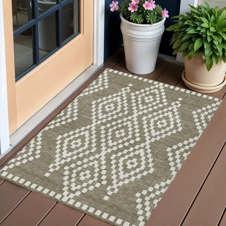 3' X 5' Taupe And Ivory Geometric Washable Indoor Outdoor Area Rug