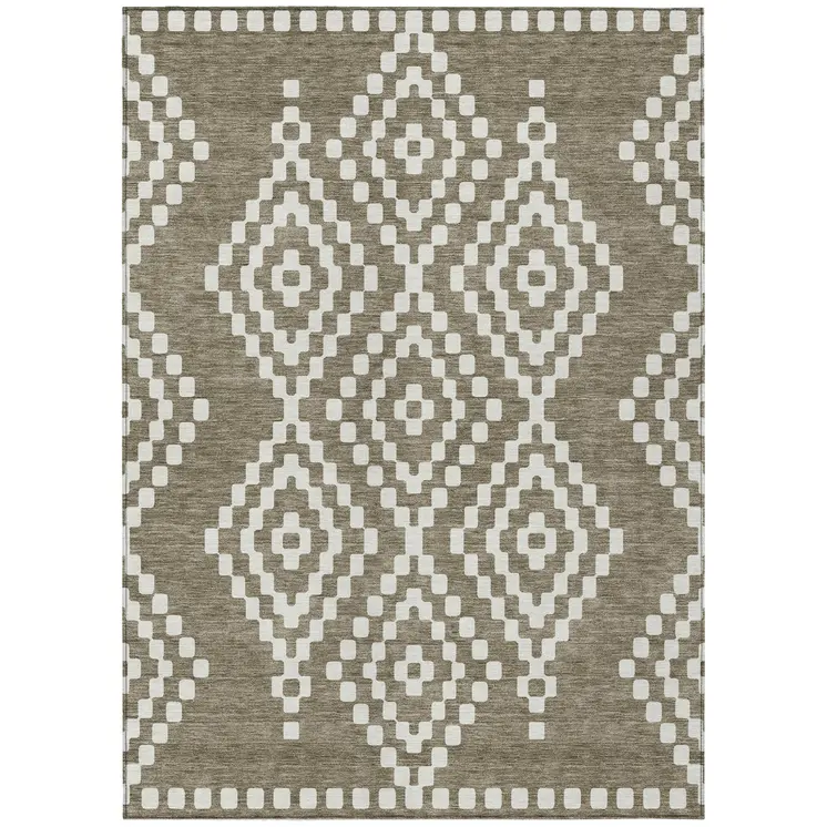 3' X 5' Taupe And Ivory Geometric Washable Indoor Outdoor Area Rug