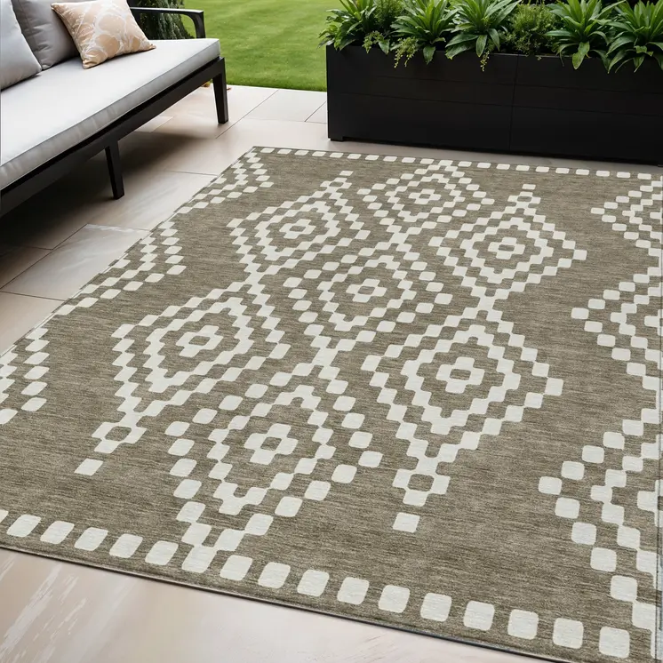 5' X 8' Taupe And Ivory Geometric Washable Indoor Outdoor Area Rug