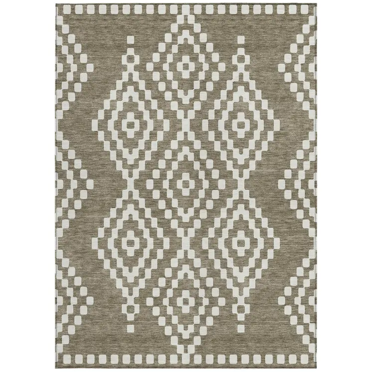 5' X 8' Taupe And Ivory Geometric Washable Indoor Outdoor Area Rug