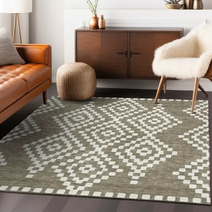 5' X 8' Taupe And Ivory Geometric Washable Indoor Outdoor Area Rug