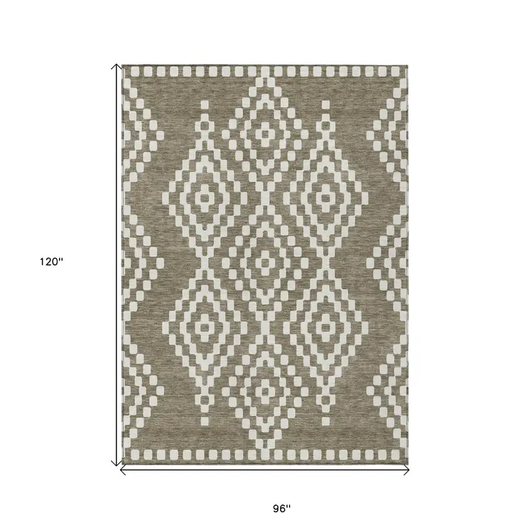 8' X 10' Taupe And Ivory Geometric Washable Indoor Outdoor Area Rug